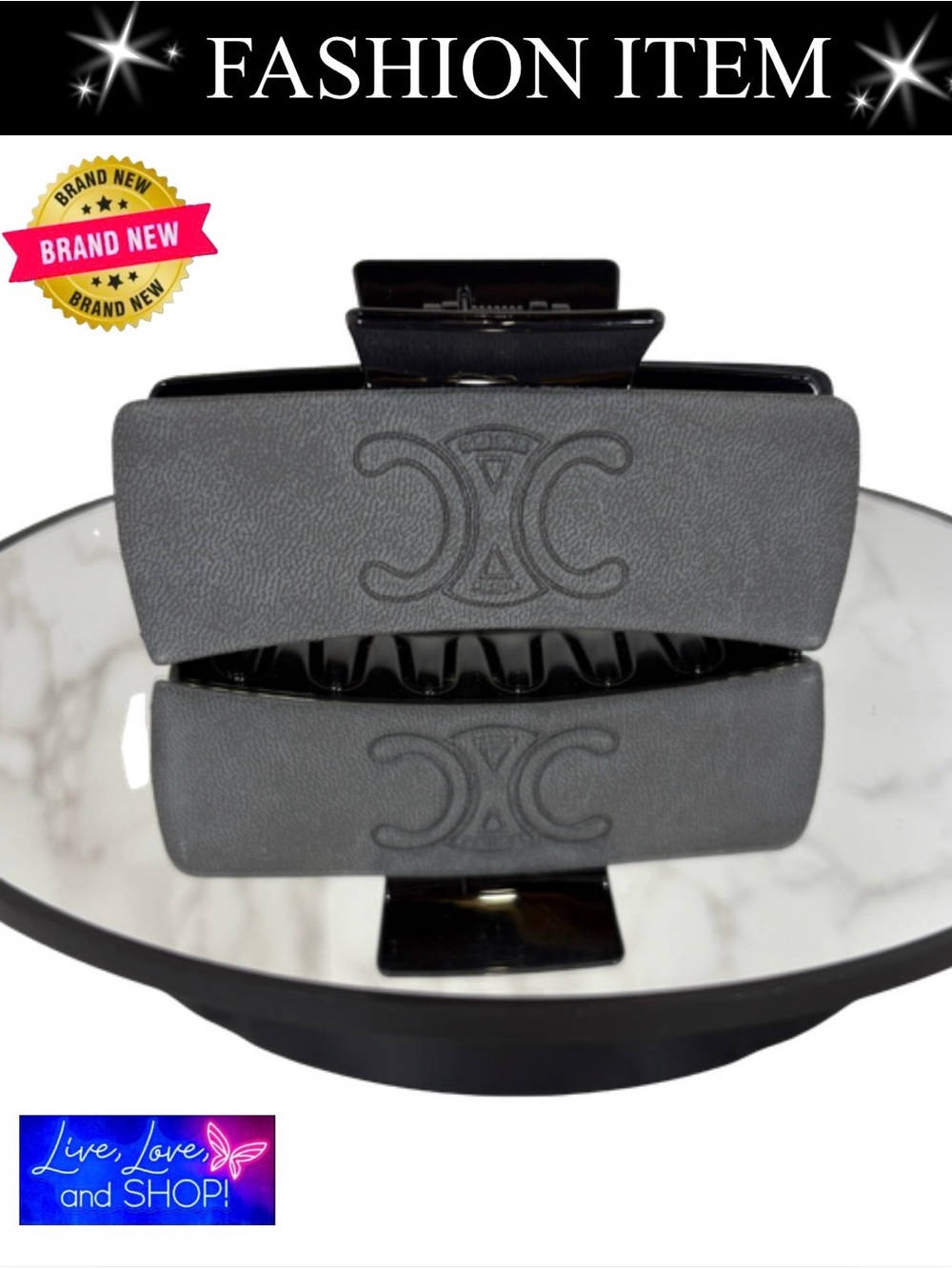 HAIR CLAW CLIP: Gray & Black w/Triomphe, NIP